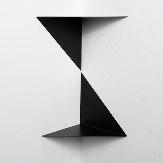 two metal corner room shelves black triangular forms attached one on top of the other white background