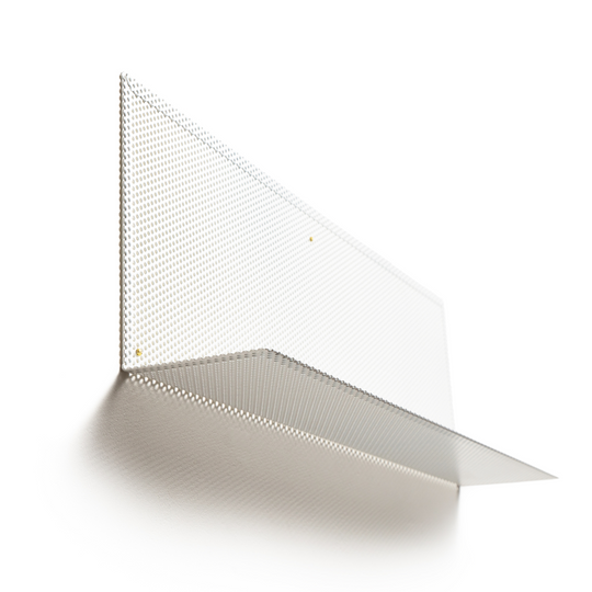 Angled view of a perforated metal wall shelf with a minimalist rectangular design, showcasing its lightweight and durable structure.