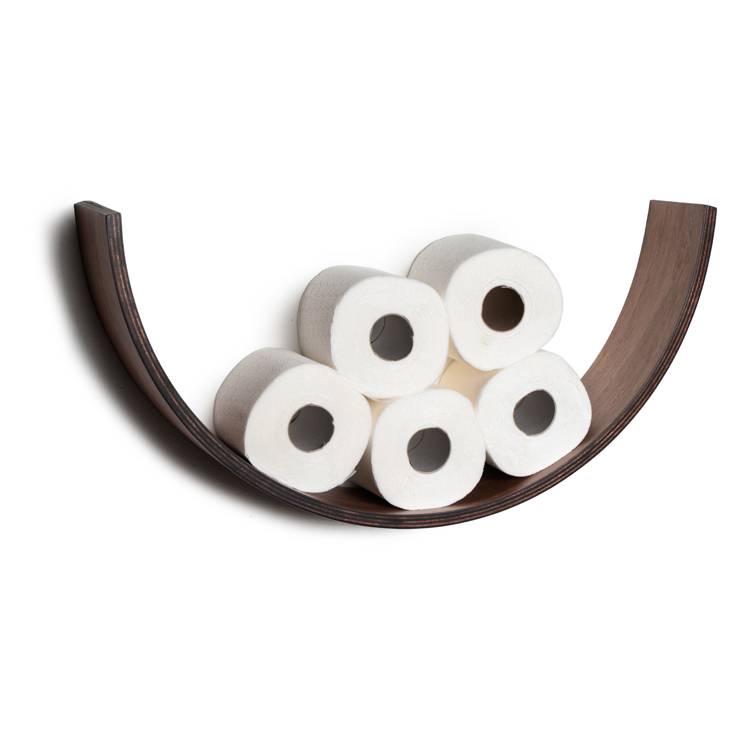 Front view of a walnut wood curved toilet paper holder with a dark stained side, holding five rolls of toilet paper in a neat arrangement.