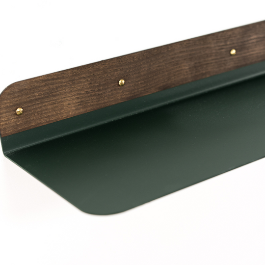 Metal floating shelf with emerald green color and golden screws