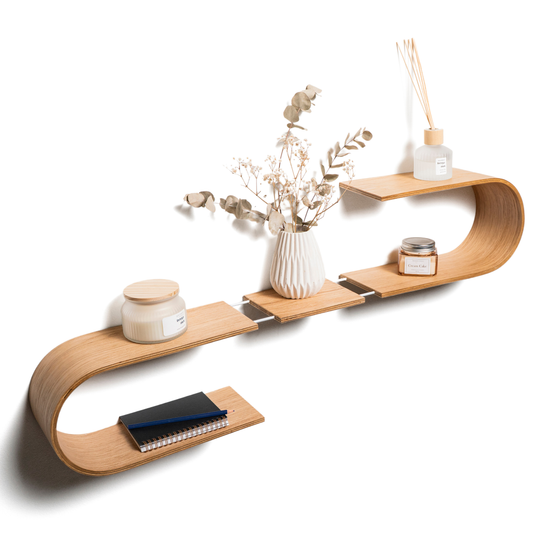 Unique wooden floating shelf with curved edges and adjustable middle section