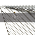 Close-up of a perforated wall shelf with a triangular design, featuring the EWART WOODS logo and the slogan &