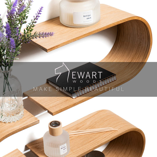 Unique geometric floating wall shelf wooden with branding text
