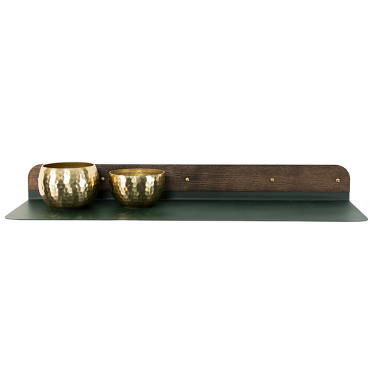 Floating metal shelf in emerald color with wood design and golden screws