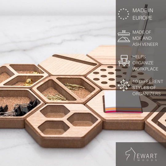 Hexagonal desk trays in MDF and ash veneer on marble, noted for European design, workspace organization, and 10 styles. &