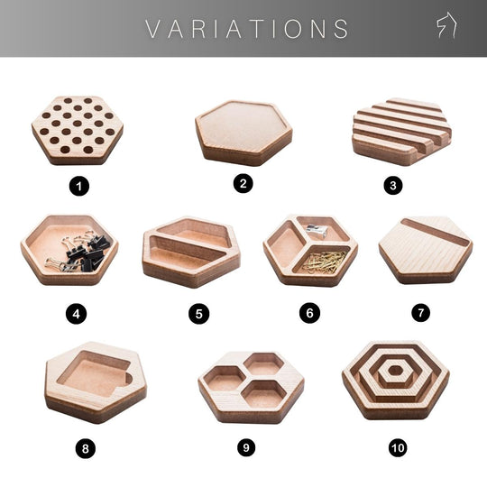 Ten variations of hexagonal MDF desk organizers, each with different compartment designs, including hexagon, circle, and stripe patterns.