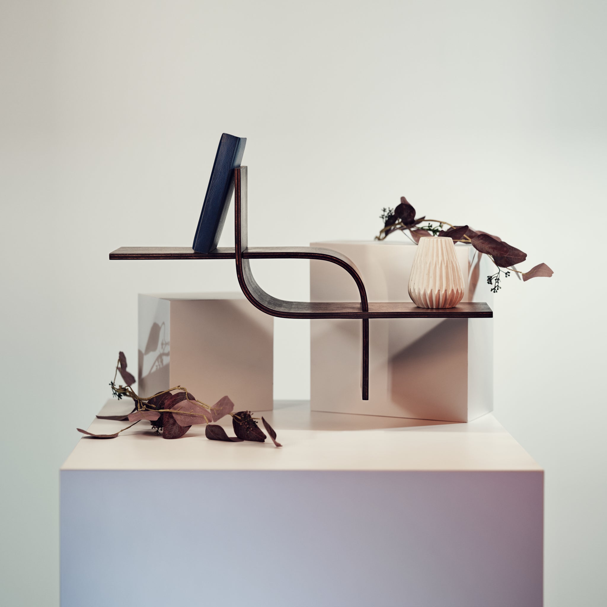 Wood floating curved wall shelf in wenge color