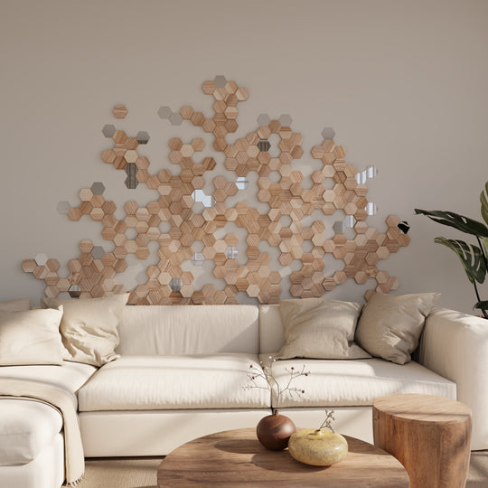 Wooden and glass hexagon pieces for wall art
