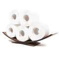Stack of five rolls of toilet paper on a modern curved wooden holder, isolated on a white background.
