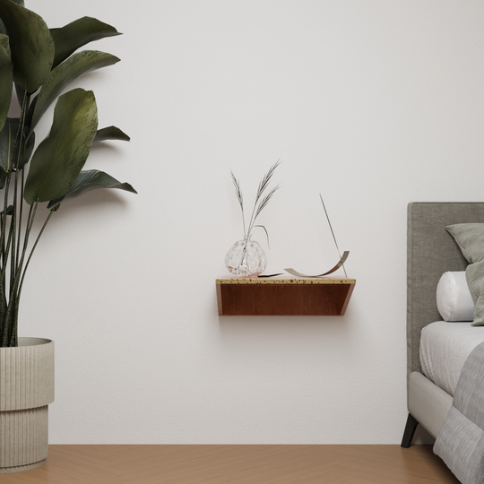Front view of wooden floating nightstand with brass detail