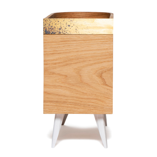 Front view of wooden vinyl record shelf with brass detail