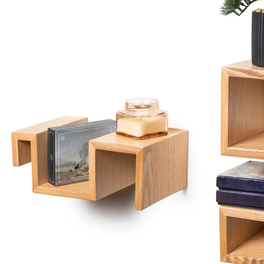 Close-up of small wood lego shelf for displaying decor or plants