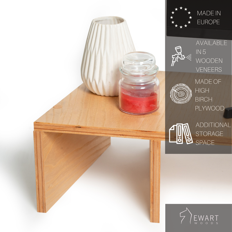 Wooden monitor stand with compartments for desk and with manufacturer specifics