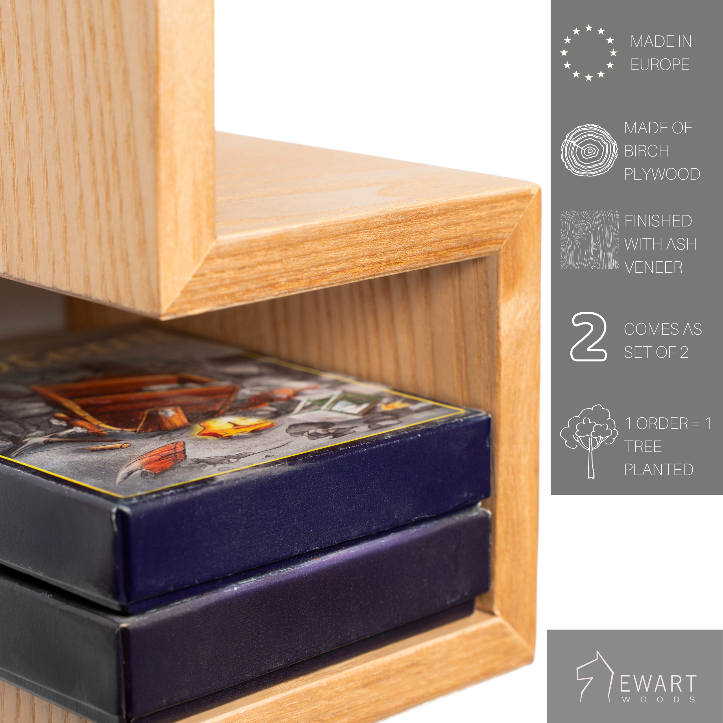 Close-up of small wood lego shelf along with manufacturer specifics 