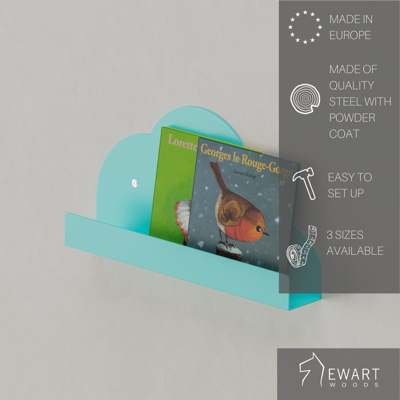 Childrens wall mounted metal cloud bookshelf in turquoise color with manufacturer details 