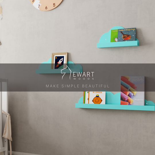 Childrens wall mounted metal cloud bookshelves in turquoise color