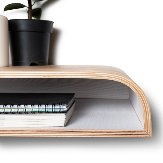 Floating nightstand with white interior and no screw system close-up