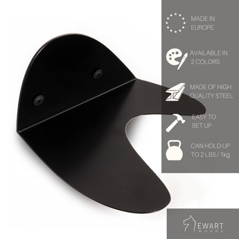 Sleek black metal wall mount with a curved design, crafted from premium steel. Offered in two color options, easy to install, and supports up to 2 lbs (1 kg). European-made for lasting quality and modern style. Ewart Woods logo at the bottom right.