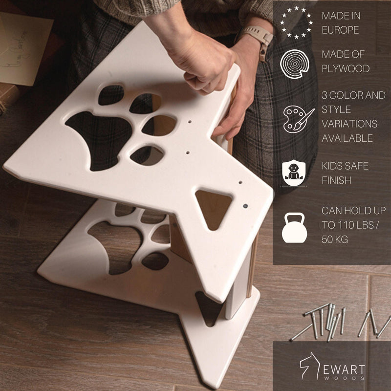 Birch plywood step stool with geometric cutouts for kids bathroom and kitchen use