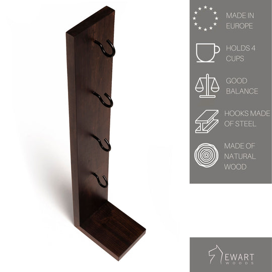 Dark wooden mug holder with four hooks, designed to hold cups securely. Labels highlight features: &
