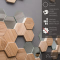 Hexagonal wooden wall tiles with mirror accents, designed for easy installation with included spacers to create a 3D relief effect. Available in three materials, but mounting hardware is not included.