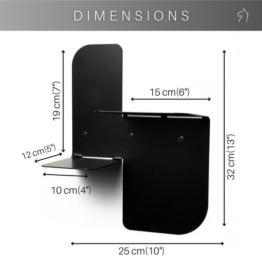 Black floating metal wall organizer with a dual-level design. The upper shelf is 15 cm deep, while the lower shelf is 10 cm deep. The organizer measures 25 cm wide and 32 cm tall, secured with exposed screws for stability.