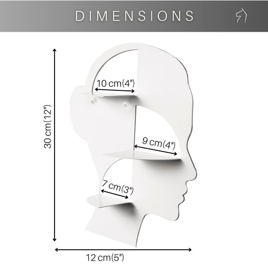 Silhouette-shaped wall shelf with a height of 30 cm, width of 12 cm, and shelf depths of 10 cm, 9 cm, and 7 cm.