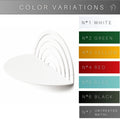 Overview of a half-circle metal shelf with a striped, curved back, presented in white. A list of available colors includes White, Green, Yellow, Red, Blue, Black, and Raw Metal.