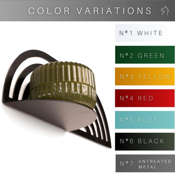 Black metal wall shelf with an arch design, holding a green decorative item, displayed with color variations including white, green, yellow, red, blue, black, and untreated metal.