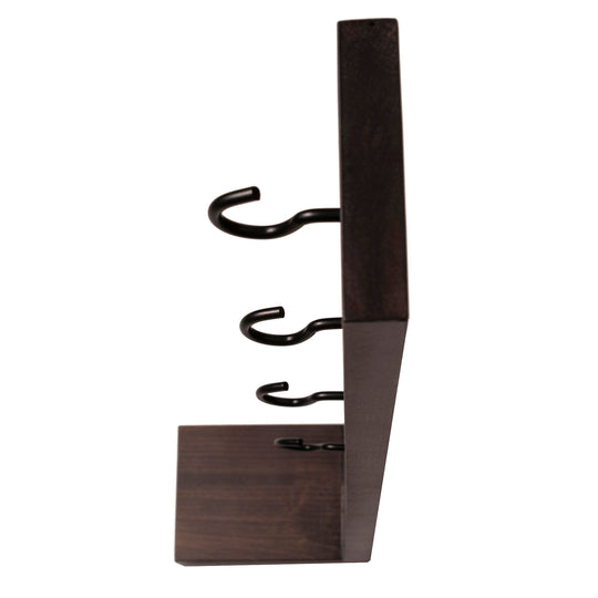Side profile of a dark-stained wooden mug holder with four metal hooks arranged vertically and a stable rectangular base for support.