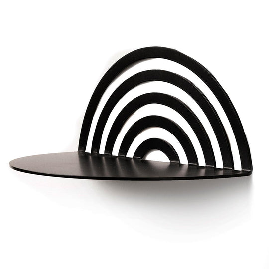 Matte black arch-shaped shelf with a layered, striped back, attached to the wall with screws, featuring a smooth, curved surface.