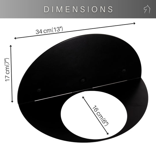 The dimensions for the planter shelf are 34 cm (13") wide, 17 cm (7") tall, with a 16 cm (6") diameter opening.
