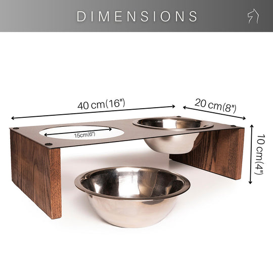 Elevated pet bowl stand measuring 40 cm (16 inches) in width, 20 cm (8 inches) in depth, and 10 cm (4 inches) in height, featuring two 15 cm (6 inches) stainless steel dishes.