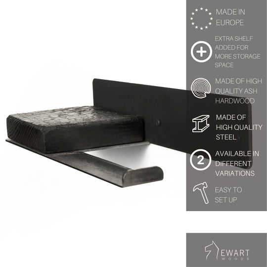 Close-up of a wall-mounted burned wood toilet paper holder with an extra shelf for additional storage space. The design features high-quality ash hardwood and steel, available in different variations.