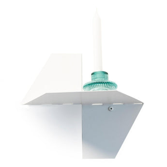 Front view of white floating wall metal shelf in geometric shape