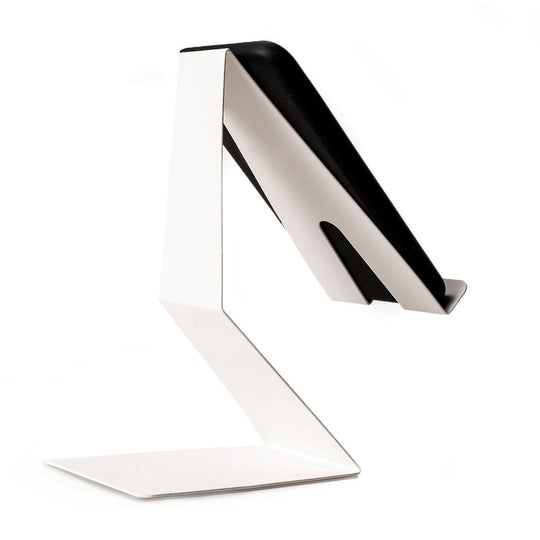 Side view of a sleek, Z-shaped white phone stand holding a smartphone at a slight angle, showcasing the stand&