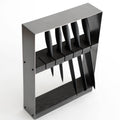Close-up of a modern knife organizer with a dark wooden block, securing multiple black-handled knives horizontally in precision-cut slots.