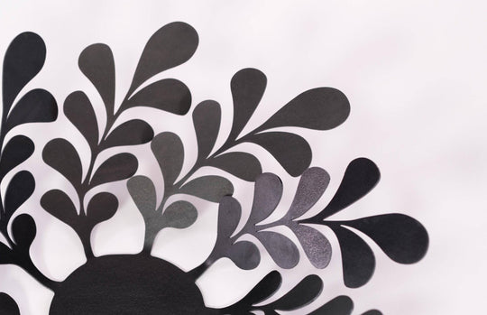 Close-up of a black metal decorative bowl with intricate botanical cutout designs, featuring a modern industrial style.