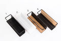 Spice rack organizers with a sleek metal frame and wooden inserts, offering different finishes: 1. Black, 2. White, 3. Black with wooden base, and 4. Black with wooden back, providing stylish and functional storage options.