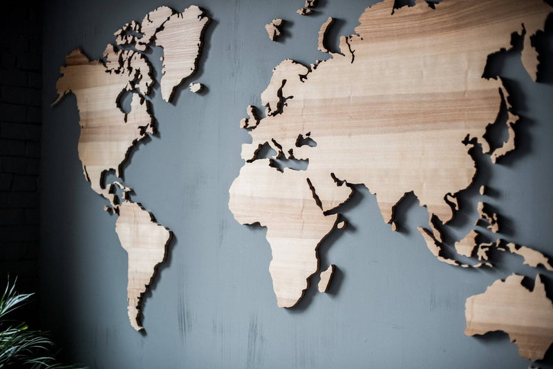 Laser cut wood world map wall art for living room or office wall decoration