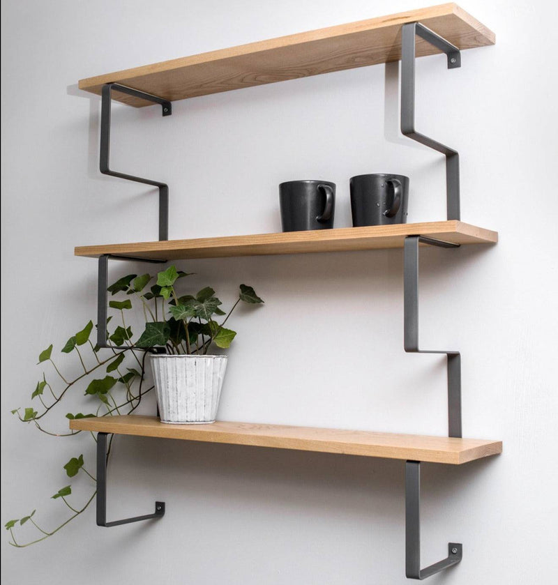 Floating wooden wall shelf with black metal industrial construction bracket oak finish