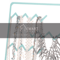 Jewelry holder with a zigzag design, showcasing various necklaces and beads, featuring the Ewart Woods branding.