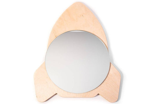 Wooden rocket-shaped frame with a central round mirror, showcasing a natural wood grain and softly rounded edges.