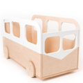 A wooden toy bus with a minimalist design, featuring round wheels and white cutout windows on its sides. The bus has an open top and smooth edges, suitable for children&