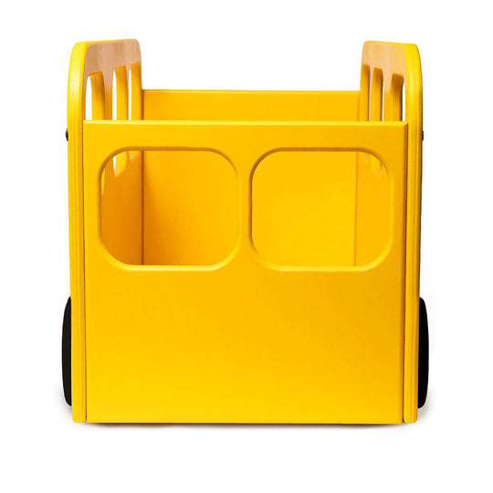 Front view of a yellow wooden school bus toy box with cut-out windows and sturdy wheels, designed for toy storage.