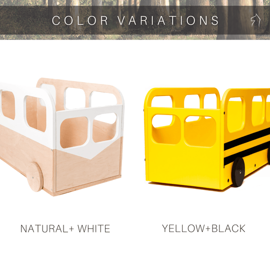 Two color variations of wooden toy buses: one in natural wood with white accents, and the other in bright yellow with black stripes resembling a school bus.