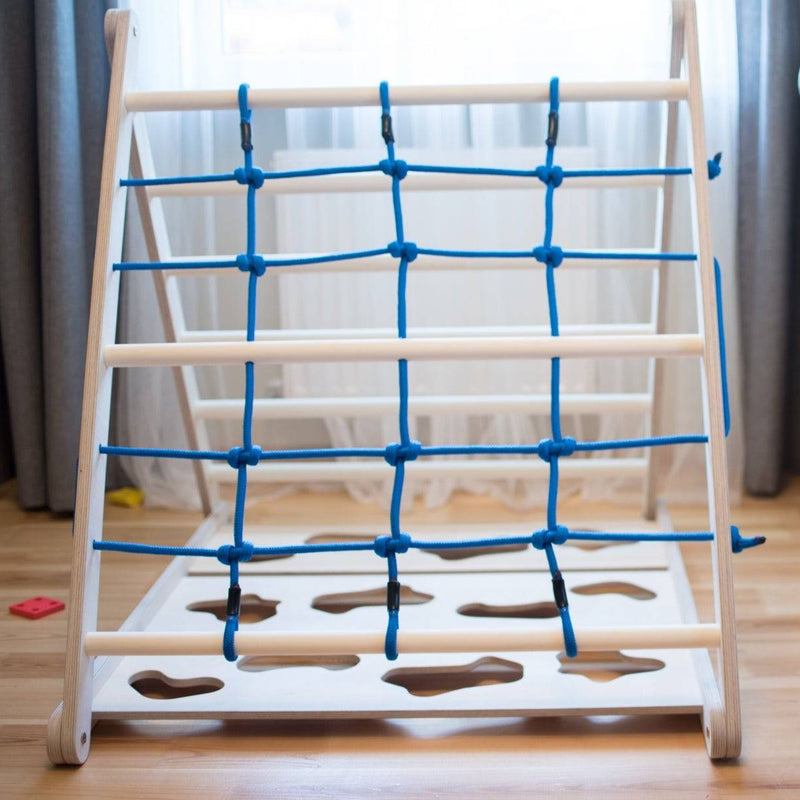 Wooden Pikler triangle 3-in-1 climbing frame for kids in blue birch plywood