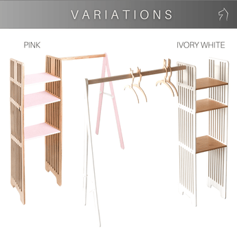 Two variations of a children's Montessori-style clothes rack: one with pink shelves and natural wood, the other with ivory white and natural wood. Both have three shelves and a bar for hanging clothes.