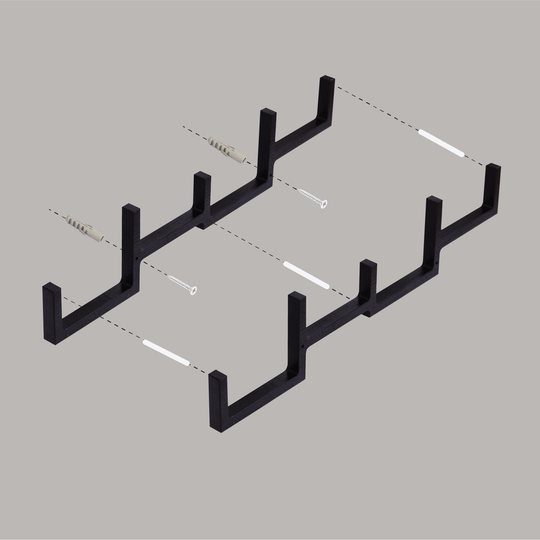 Close-up of a black geometric wall-mounted storage rack with square frames, showing assembly details with screws and mounting instructions.