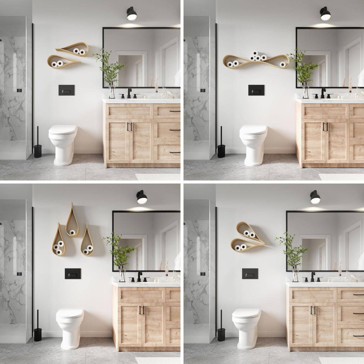 A collage of four images featuring drop-shaped floating toilet paper holders in a chic bathroom. One image shows a shelf with three holders, while others display two in various configurations.